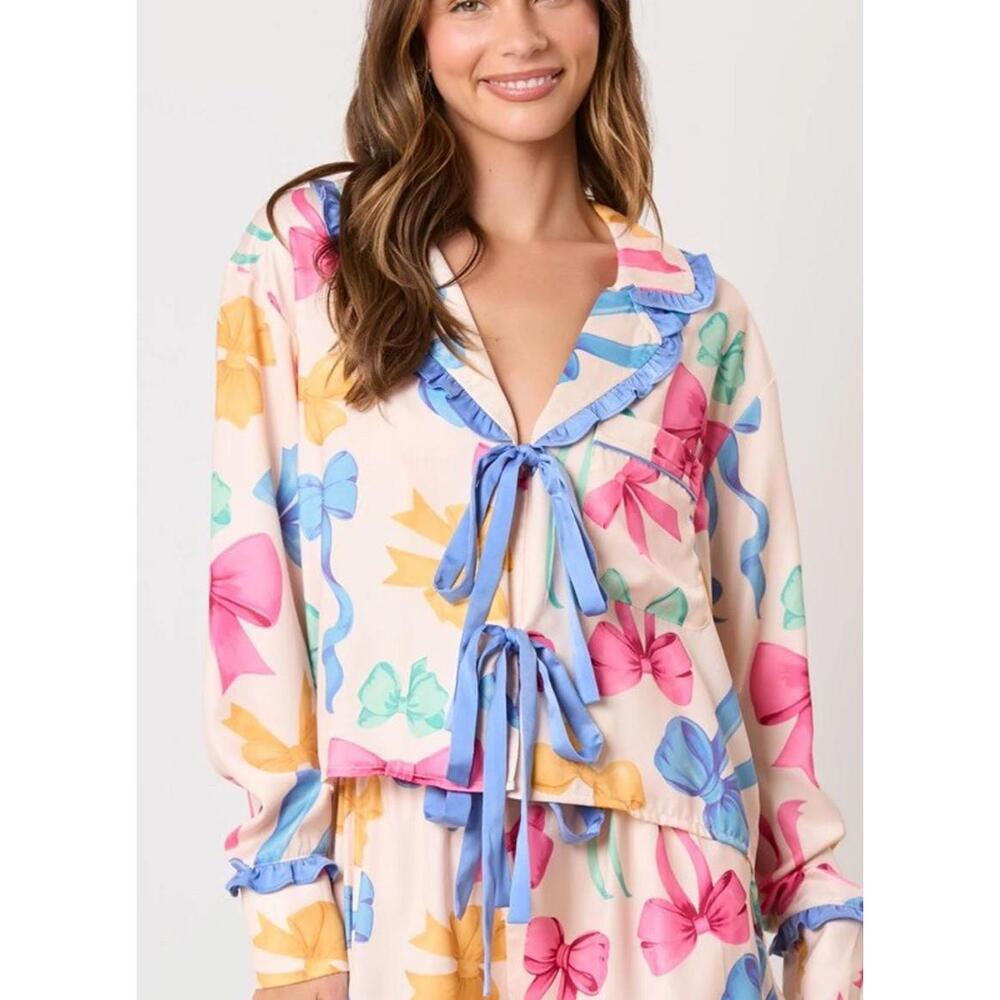 Peach Love Cream Multi Color Ribbon Bow Printed Pajama Top Large